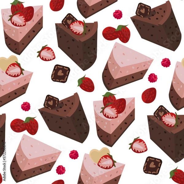 Fototapeta A set of pieces of chocolate and strawberry cake. Dessert with decorative elements of strawberries. Background for printing on textiles and paper. Seamless gift wrapping for the birthday party