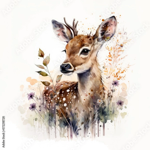 Obraz little deer baby watercolor bembi cartoon, generative ai