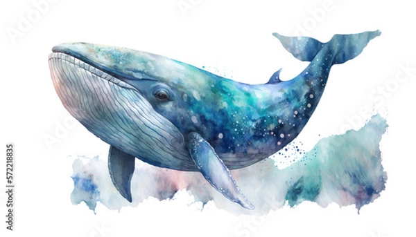 Obraz Watercolor blue whale illustration isolated on white background. Generative ai