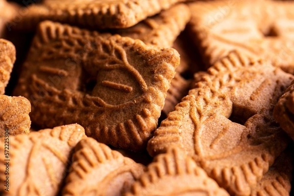 Fototapeta A portrait of multiple brown cookies called speculoos or speculaas in Belgium or the Netherlangs. The spiced biscuit is very delicious and popular during the winter period to be eaten at any time.