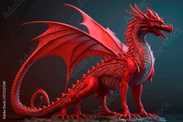 Fototapeta A red dragon isolated on a dark background. Fantasy character. Full body. 3d render. Illustration