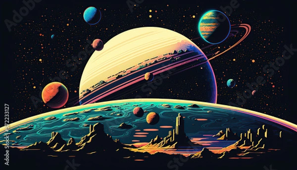 Fototapeta Pixel art assets space 16 bits, 8 bits, Retro, vintage