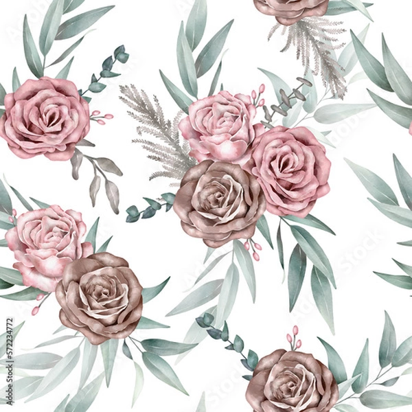 Fototapeta Watercolor Floral Pattern. Roses and leaves.