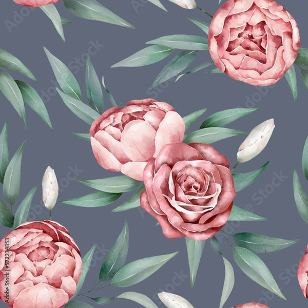 Fototapeta Watercolor Floral Pattern. Peony, rose and leaves.