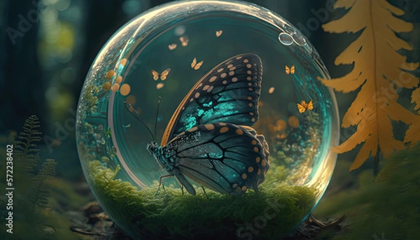 Fototapeta Beautiful butterfly in a soap bubble against the backdrop of a forest with moss and leaves, generative ai