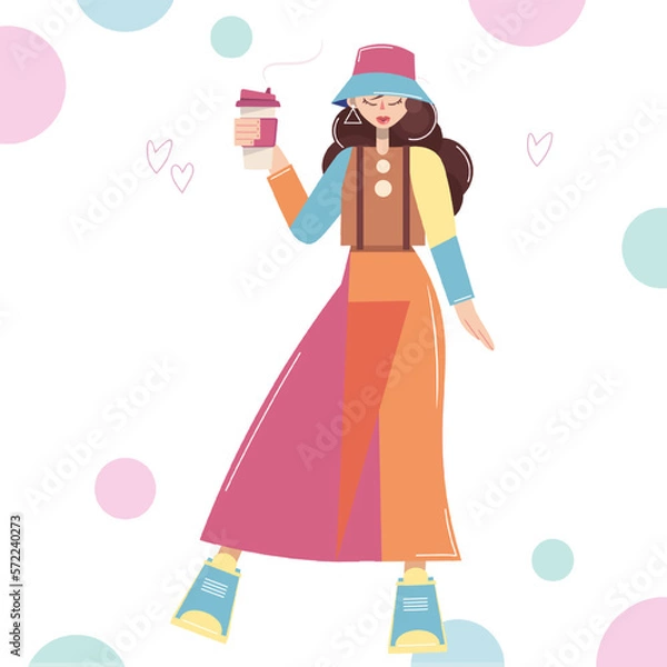 Fototapeta A woman holds a plastic cup of coffee or tea in her hand. Vector flat illustration of a girl with a hot drink in her hand. A woman drinks, enjoying the aroma of the drink. Isolated on white background