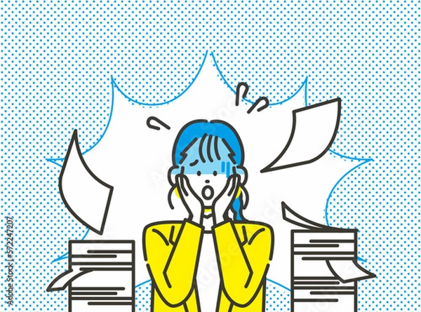 Obraz 書類仕事が終わらず困り果てる若い女性社員
