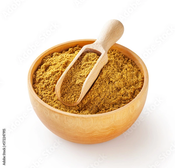 Obraz Dry turmeric (curcuma) powder in wooden bowl with scoop isolated on white background with clipping path