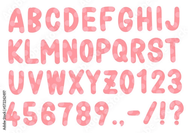 Fototapeta 手書きのアルファベットと数字。ドットの入ったベビーピンク色のフォント。
