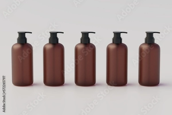 Fototapeta Amber Glass Pump Multiple Bottles Mock-Up, Liquid Soap, Shampoo Dispenser. 3D Illustration