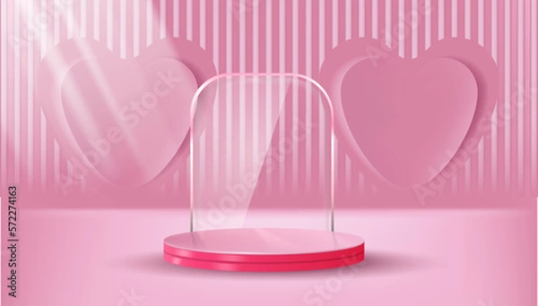 Fototapeta horizontal pink line background with love, pastel pink with glass mirror and light rays, backgorund vector 3D cylinder rendered for product presentation studio