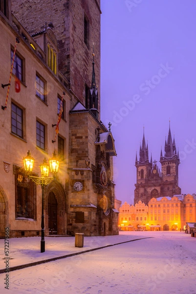 Obraz Early freezing morning on the Old Town Square (Staroměstské Náměstí)  covered in fresh snow  in Prague.