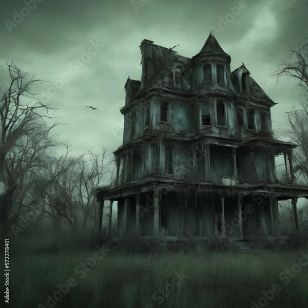 Fototapeta Dark atmospheric horror background. Haunted house. Dramatic sky, old, abandoned house, light in the windows. 3D illustration - generative ai