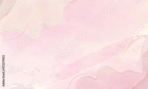 Fototapeta Abstract pink watercolor background with golden line. Hand drawn illustration.