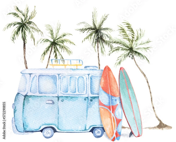 Obraz Travel van at the beach with surf board and palm tree.Trendy summer illustration.Hawaiian aloha van and coconut tree.Painted with watercolor.