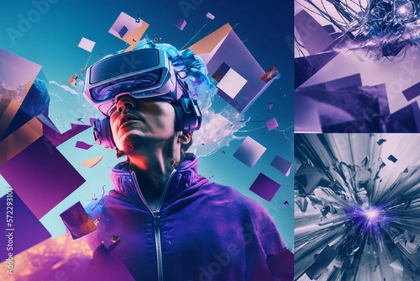 Fototapeta Young man using virtual reality headset. VR glasses, futuristic, technology, online education, education, video game concept. Generative AI.