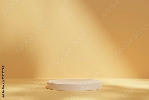 Obraz 3D display podium on brown or yellow background with window shadow.Wooden stand.Platform show cosmetic product.Pedestal,Abstract scene,Empty,display presentation,Pastel beige.Minimal mockup 3d render.