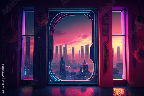 Fototapeta Futuristic Interior with dystopian cyberpunk megapolis view behind the window. Neon lights and future. Generative AI Illustration