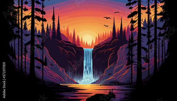 Obraz Sunset waterfall landscape illustration vector graphic	