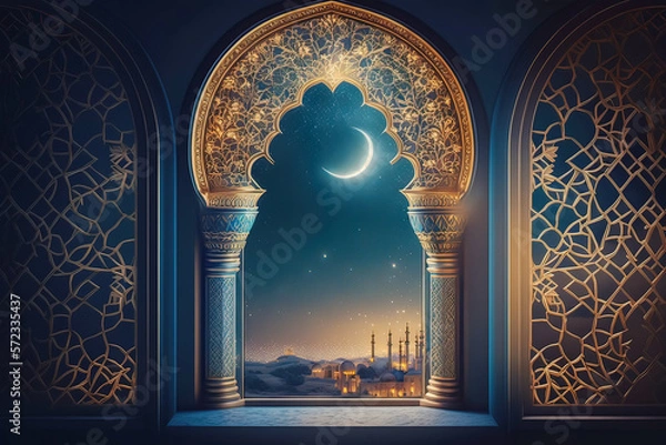 Fototapeta quilling card with intricate Arabic paper graphic of Islamic theme. Generative AI