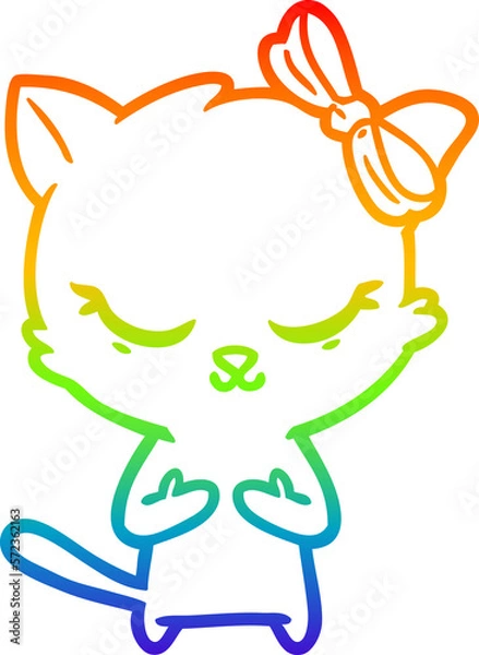 Fototapeta rainbow gradient line drawing cute cartoon cat with bow