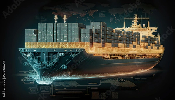 Fototapeta Shipping companies of the future and their customers will combine container shipments on cargo ships. Shipment tracking. Logistics solutions from the future in the image created with the help of AI.
