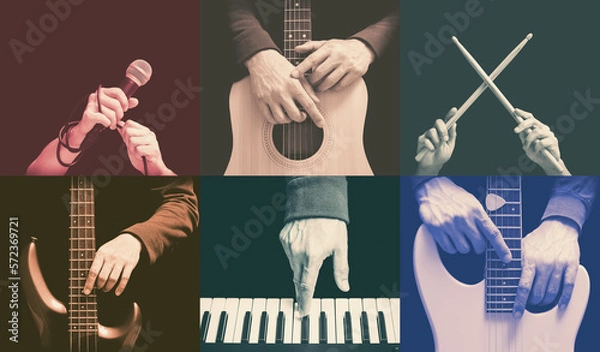 Fototapeta six parts of musician hands playing musical instrument. music background