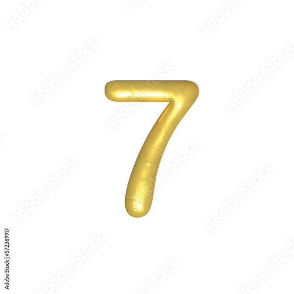 Fototapeta 7 number gold isolated. Gold yellow metallic numbers. Foil symbol. Bright metallic 3D, realistic vector illustration
