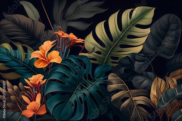 Fototapeta Red and green leaves, Classic tropical plant wallpaper generative ai, high quality