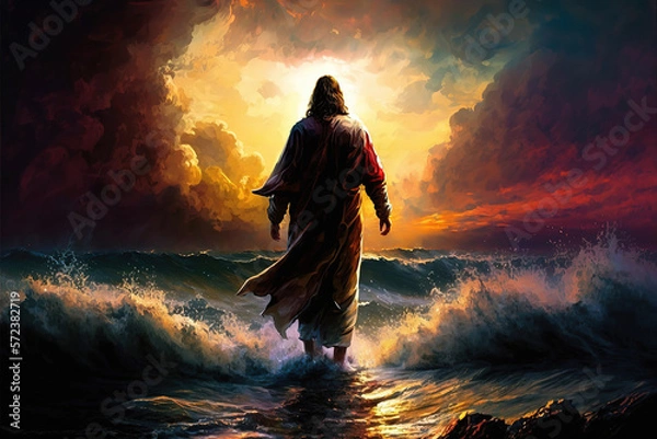 Fototapeta The figure of Jesus walks on water on a beautiful dramatic sunset  background. Biblical theme concept. generative ai