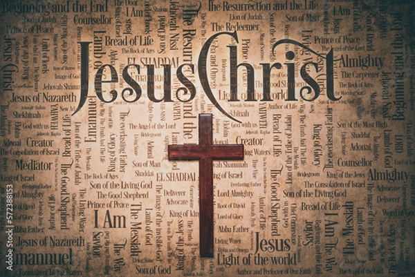 Obraz Wooded cross with Jesus names and atributes printed on a old paper
