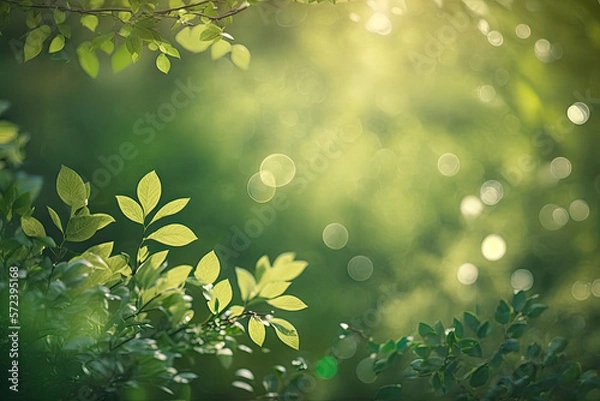 Fototapeta fresh green tree leaves with soft bokeh. spring. Generative Ai