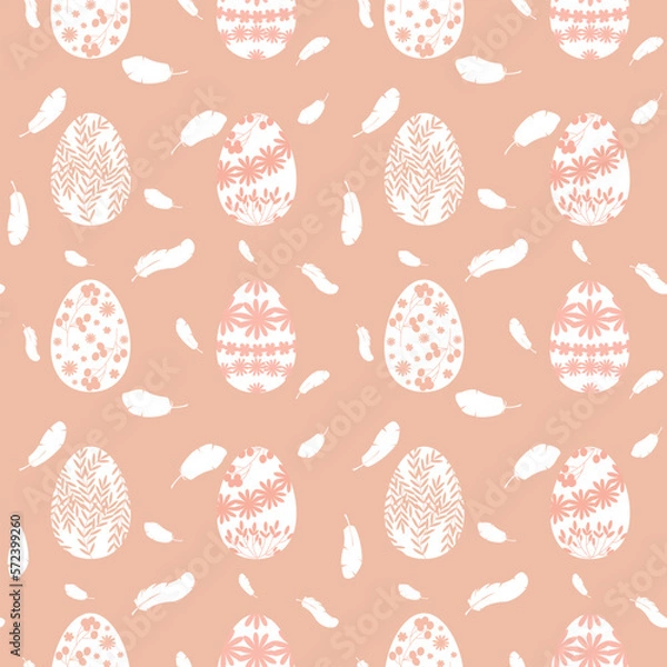 Obraz easter seamless pattern with eggs, rabbits, feathers and plants.