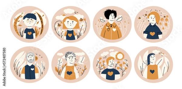 Fototapeta The concept of mental health. A set of stickers with people in nature experiencing positive emotions. Different characters with a healthy psyche.