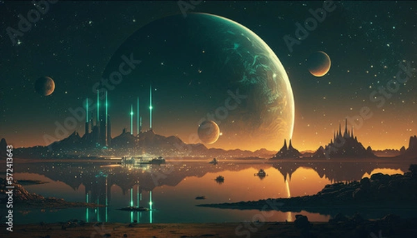 Obraz futuristic solarpunk megacity nightscape. Generative AI