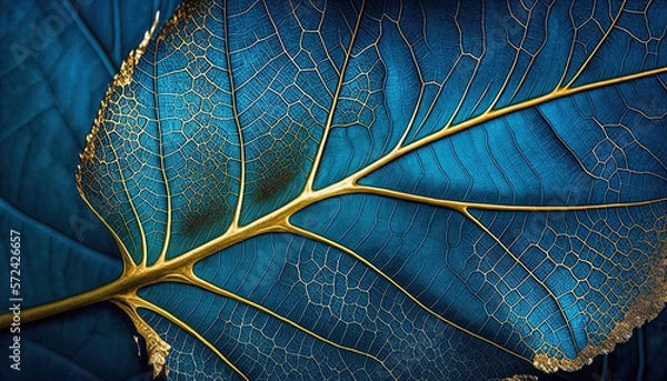 Obraz Blue leaf with golden veins texture closeup macro background. Natural floral texture luxury background