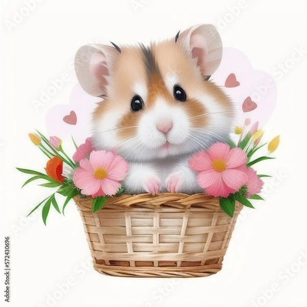 Fototapeta a cute lovely little hamster in a basket with flowers and hearts on it's back side, lovely postcard  illustration, ai generated