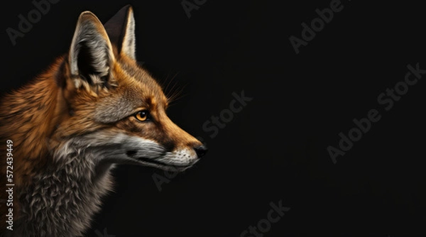Fototapeta portrait of a red fox, photo studio set up with key light, isolated with black background and copy space - generative ai