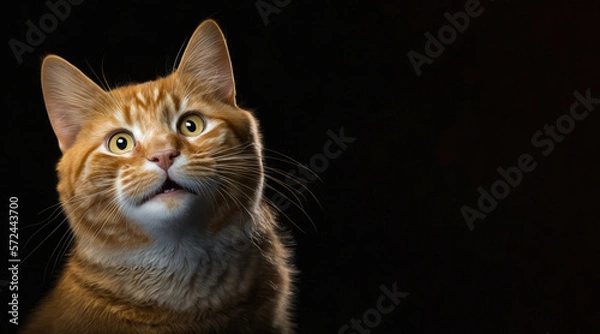 Obraz portrait of a happy ginger cat, photo studio set up with key light, isolated with black background and copy space - generative ai
