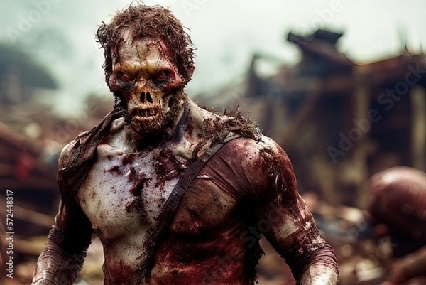 Fototapeta Generative AI portrait of zombie, undead walking among ruins, detachment of flesh, bones, teeth, dirty and torn clothes, representation of the apocalypse.