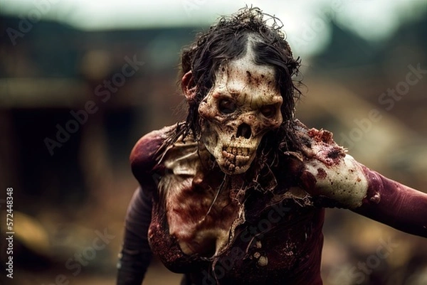 Obraz Generative AI female zombie walking among the ruins of a city, undead, flesh and blood shedding