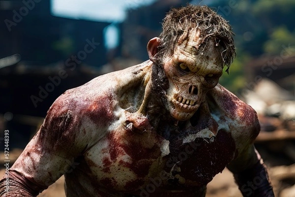 Obraz Generative AI standing male zombie walking among the ruins of a city, detachment of flesh, bones, teeth, blood and dirty and torn clothes, representation of the apocalypse.