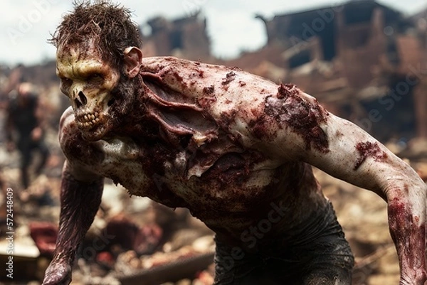Obraz Generative AI portrait of the living dead walking among the ruins of a city, detachment of flesh, bones, teeth, blood and dirty and torn clothes, representation of the apocalypse.
