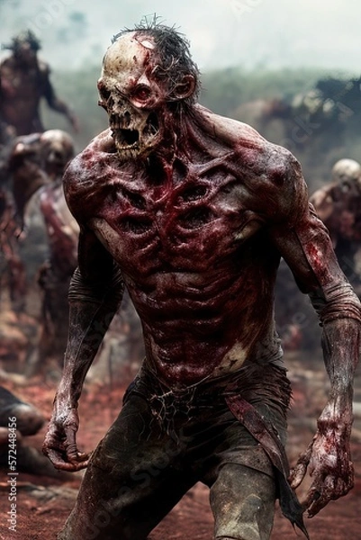 Obraz Generative AI vertical portrait of a living dead, skull, flesh, blood and horror, walking among ruins.