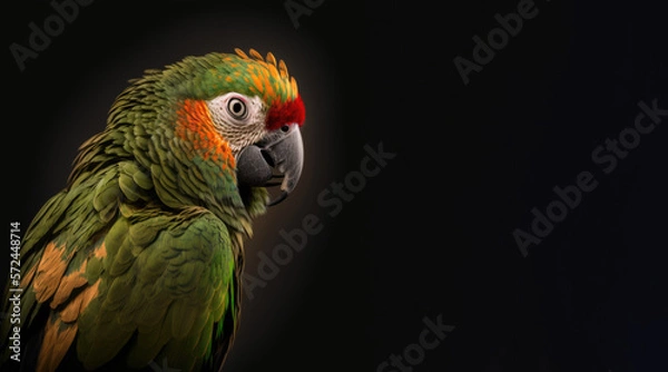 Fototapeta portrait of a parrot, photo studio set up with key light, isolated with black background and copy space - generative ai