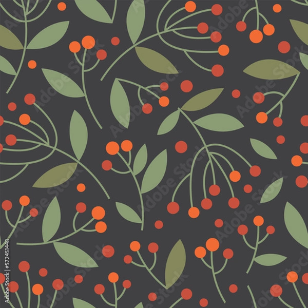 Fototapeta Seamless floral vector pattern with leaves and branches on dark background. Textiles, surface design, wrapping paper