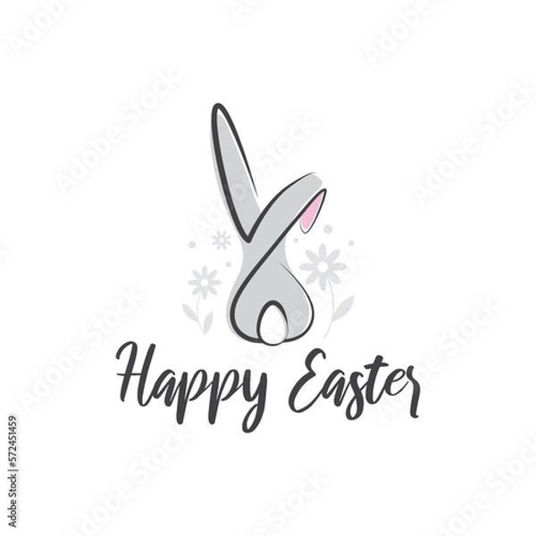 Fototapeta Happy Easter banner, poster, greeting card. Fashionable Easter design with lettering, bunny, and flowers, isolated on white. Modern minimal style in pastel colors