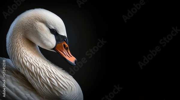 Fototapeta portrait of a white swan, photo studio set up with key light, isolated with black background and copy space - generative ai