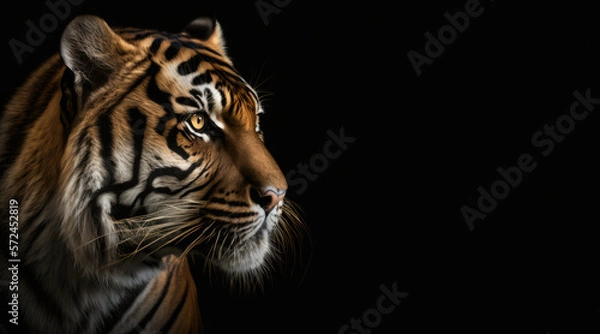 Fototapeta portrait of a tiger, photo studio set up with key light, isolated with black background and copy space - generative ai