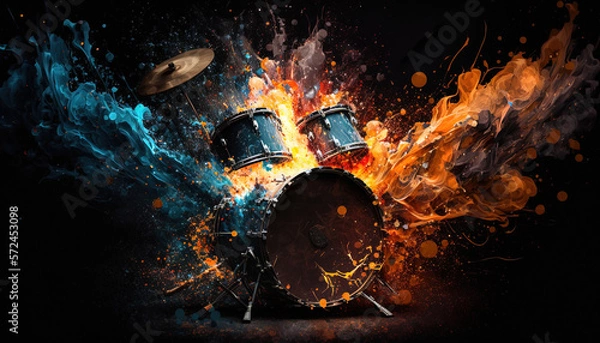 Obraz Drum kit with rainbow paint energetic explosion, Generative AI.